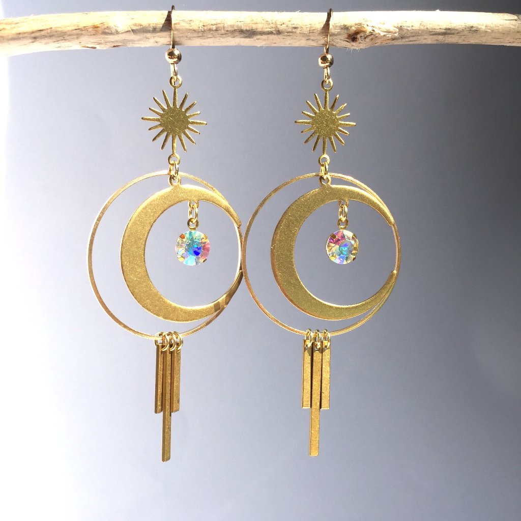 Long Crescent Moon Crystal Hoop Earrings 32$